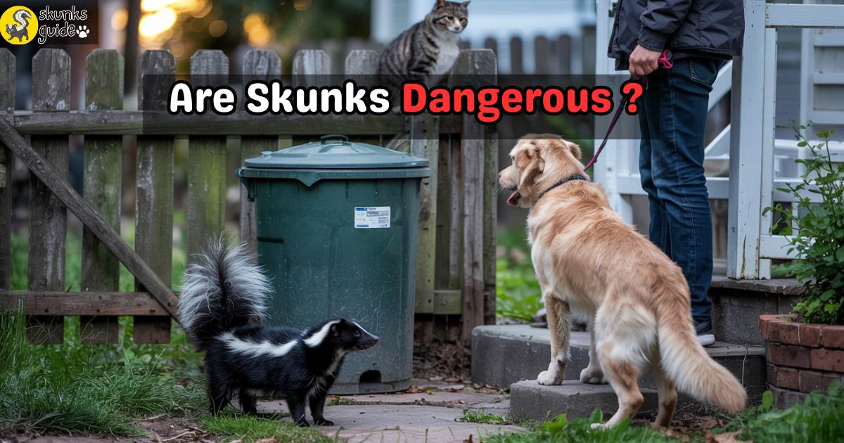 Skunk in a backyard with a homeowner, leashed dog, and cat, illustrating skunk dangers to humans, dogs, and cats. Example in Article:
