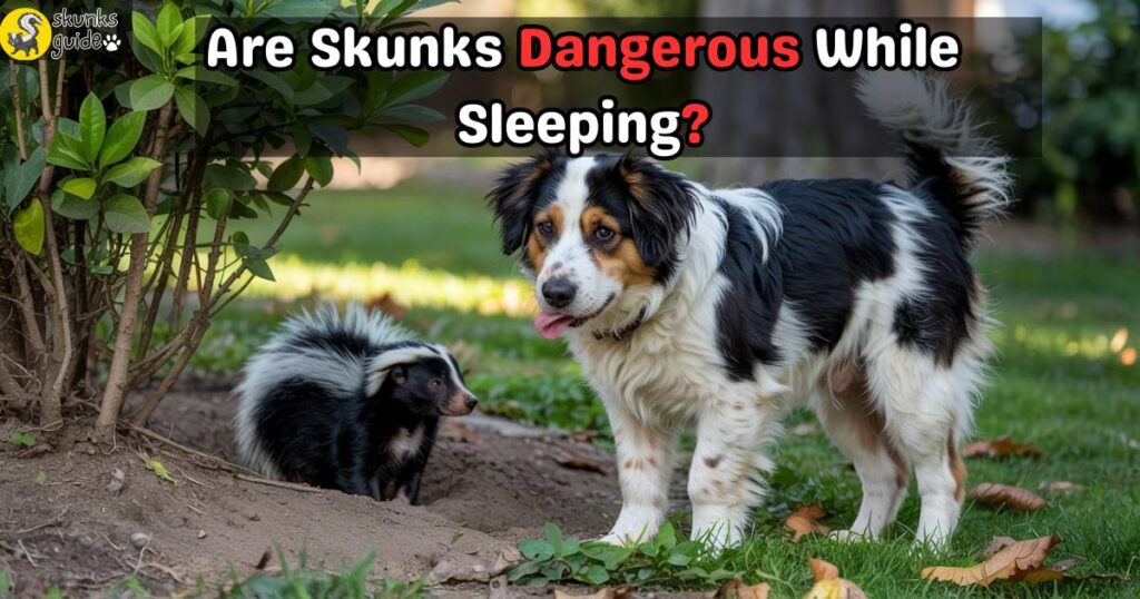Dog near hidden skunk in backyard burrow, risk of skunk spray