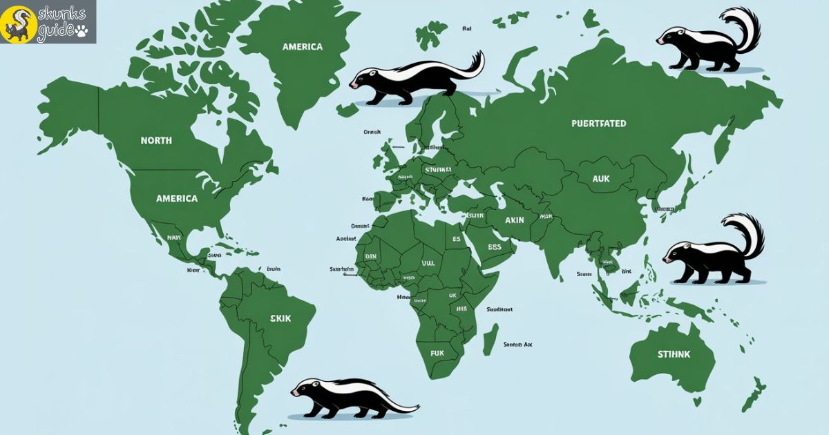 Map infographic showing native skunk range in the Americas with visual comparisons to polecats in Europe and stink badgers in Asia