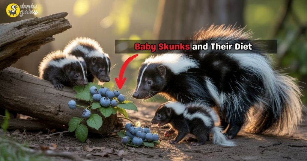 Baby skunks eating natural foods like berries and bugs