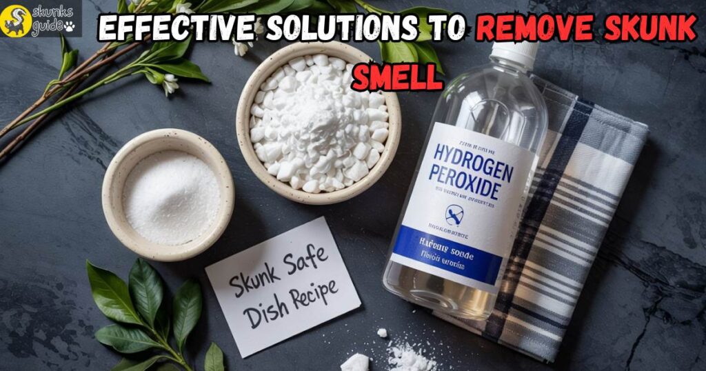 Ingredients for skunk odor removal: hydrogen peroxide, baking soda, and dog-safe soap