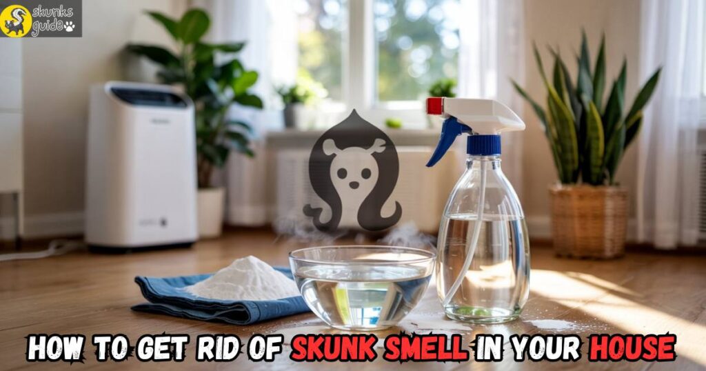 Skunk smell removal tools in a home including peroxide, vinegar spray, baking soda, and air purifier near open window