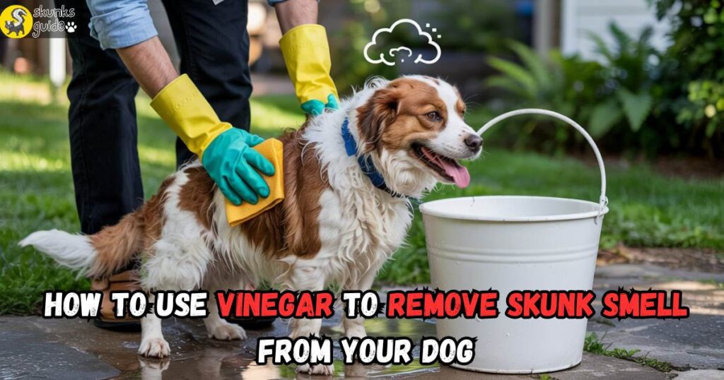 Pet owner using diluted white vinegar to wash a skunk-sprayed dog outside with towels and gloves