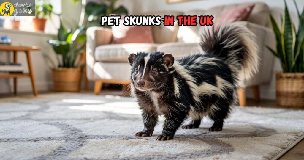 “Pet skunk indoors in a UK home setting, walking across carpeted living room”