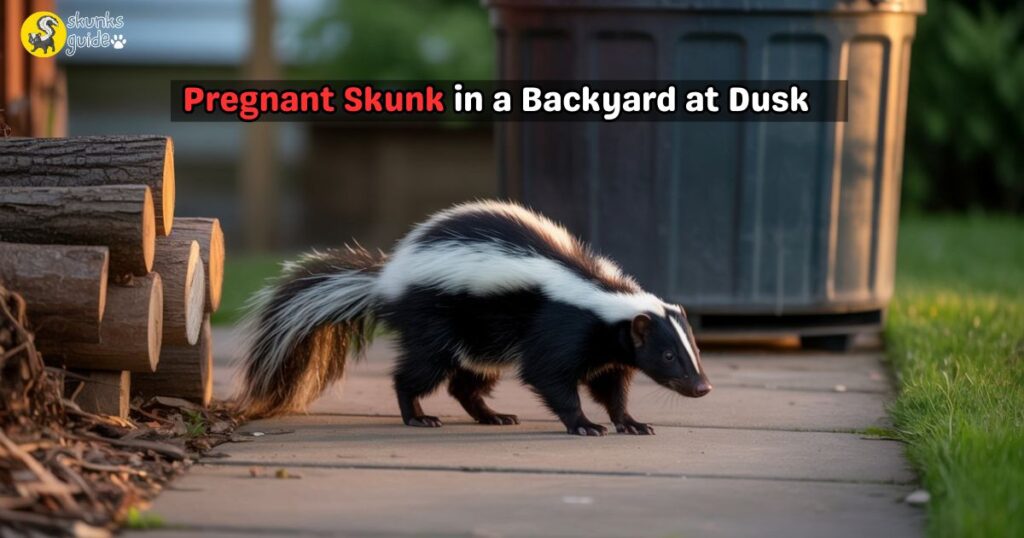 Pregnant skunk foraging in a backyard at dusk near a woodpile, illustrating daytime activity and cautious behavior of skunk mothers.