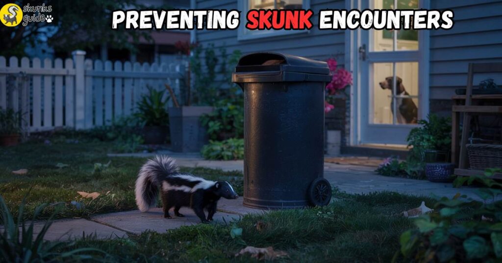 Photorealistic night scene of a skunk wandering near a trash can in a suburban backyard, with a dog looking out from a patio door in the background.