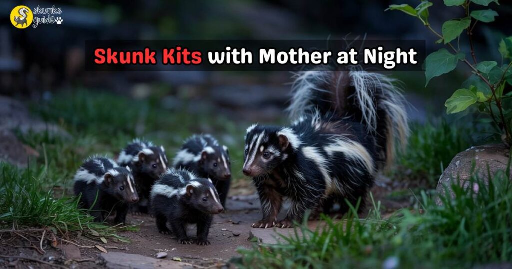 Mother skunk with kits foraging at night, showing kit development and pregnant skunk behavior during early exploration.