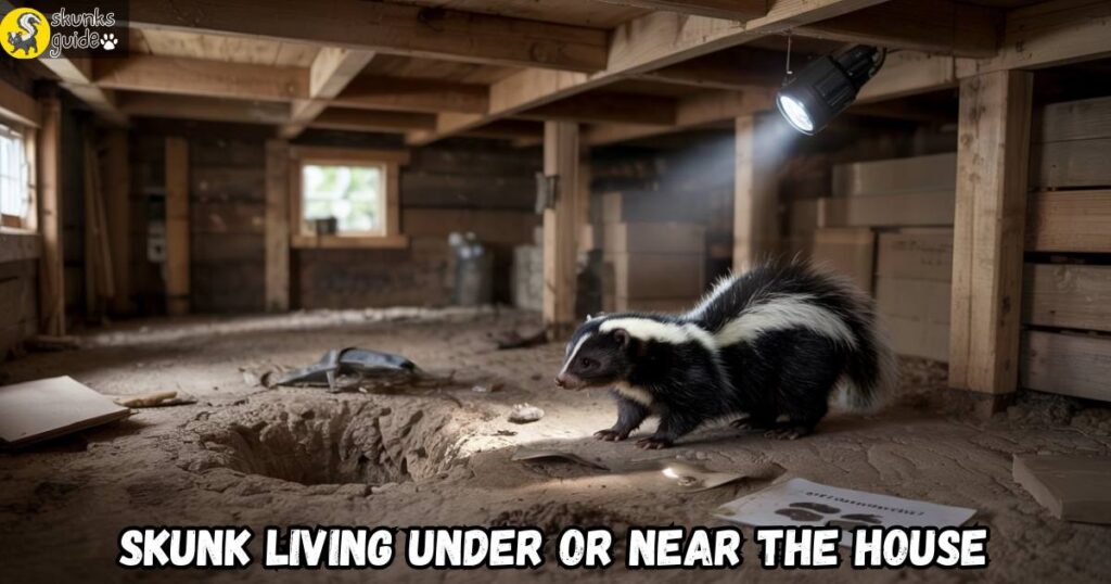 Skunk hiding under a house crawl space near burrow with visible paw prints and disturbed soil