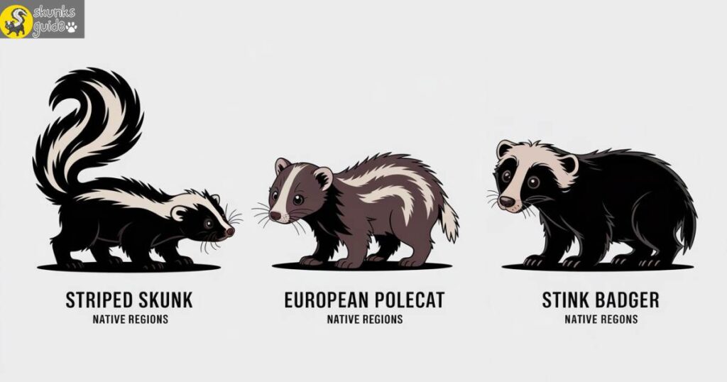 Side-by-side image of striped skunk, European polecat, and stink badger showing physical similarities