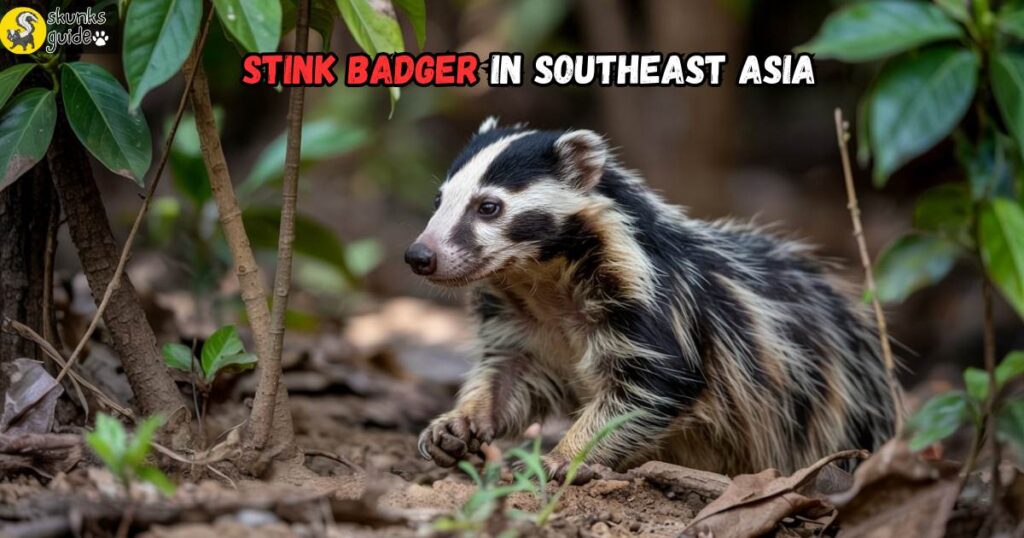 “Stink badger in Southeast Asia with black and white fur foraging in a forest floor”
