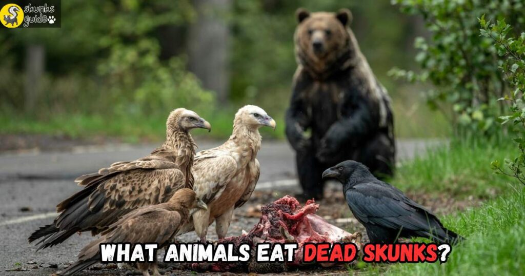 Vultures and crows scavenging on dead skunk carcass near forest road.