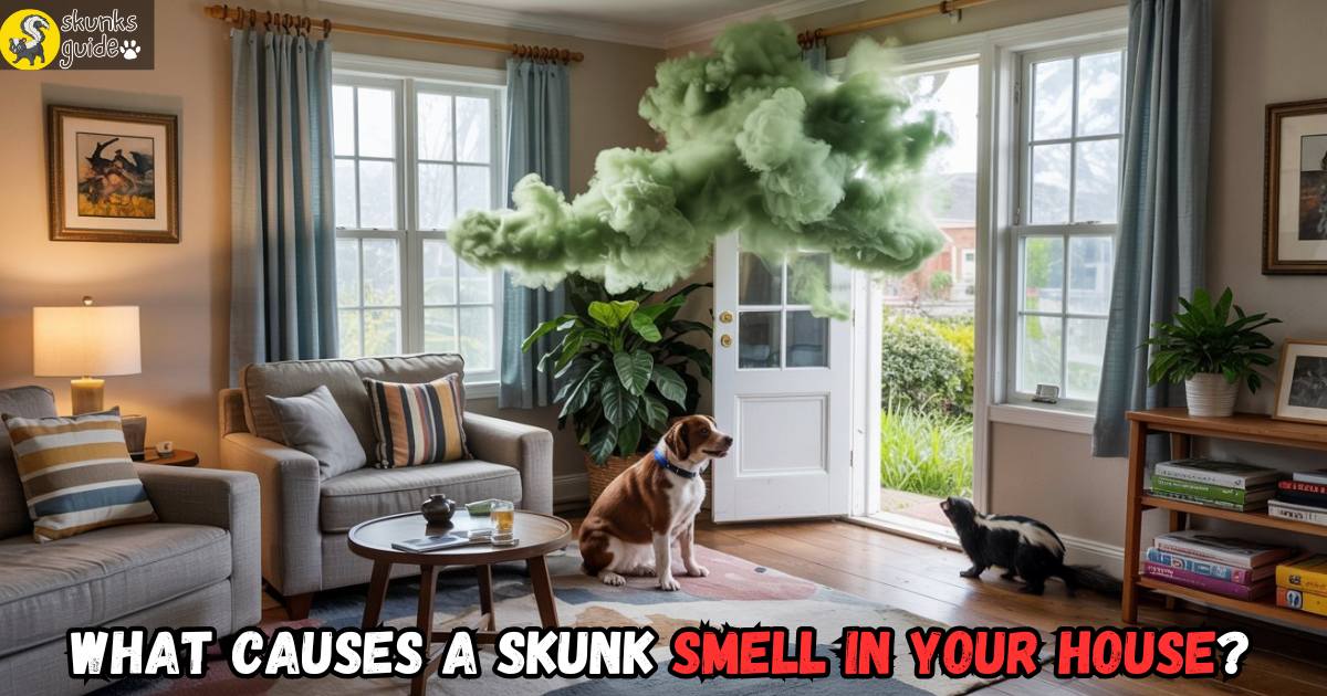 Skunk smell entering a house through vent system and foundation crack while a pet dog sits indoors near the door
