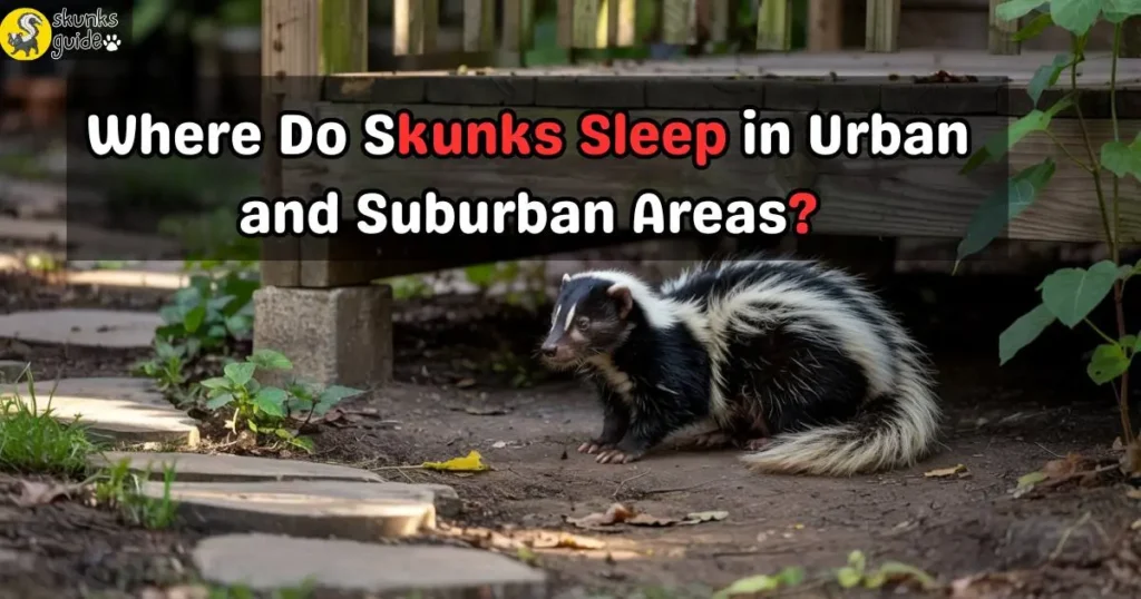 Skunk napping under backyard deck in a suburban area during daylight