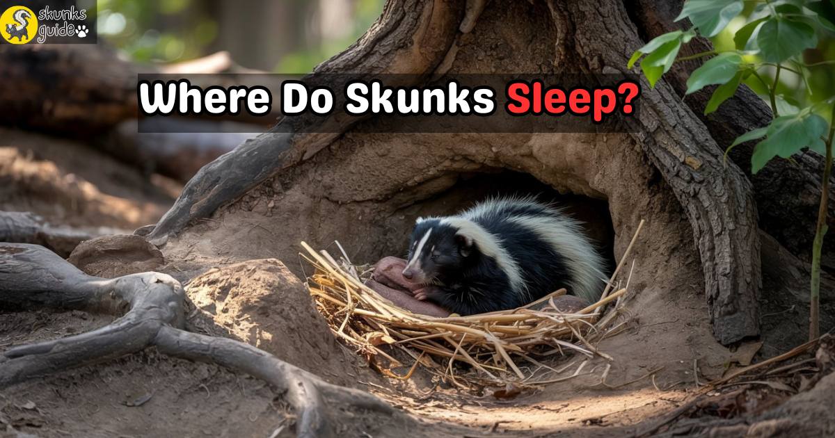 Photo of a skunk sleeping peacefully in a forest den under tree roots during the day
