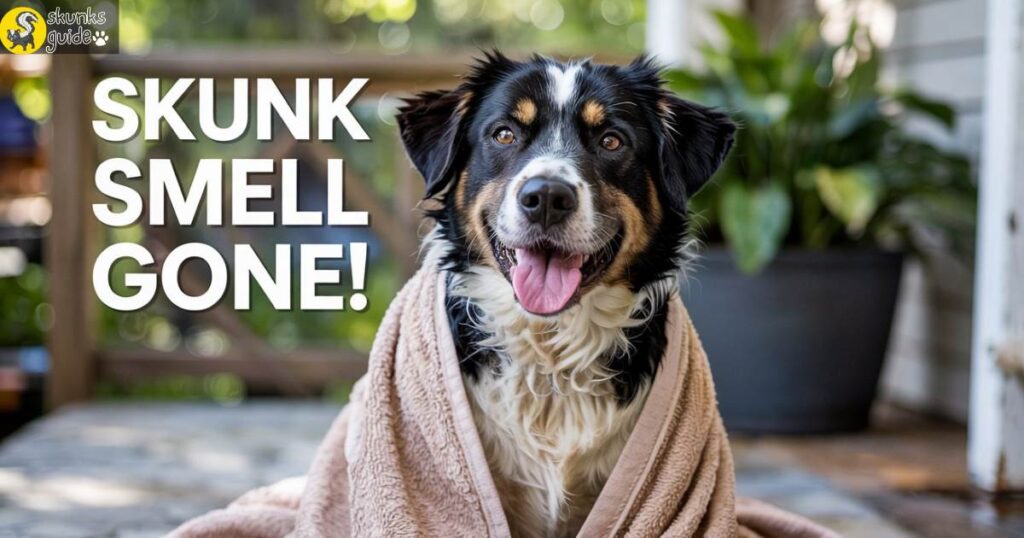 Clean dog wrapped in towel after successful skunk smell removal