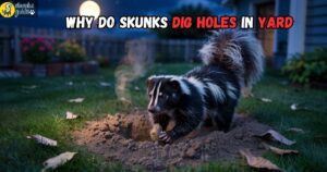 Skunk digging shallow holes in a suburban lawn at night, illustrating nocturnal foraging behavior