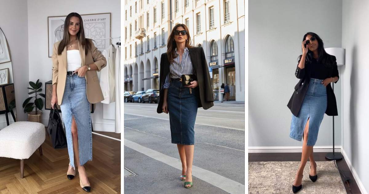 Blazer and Denim Skirt Outfits