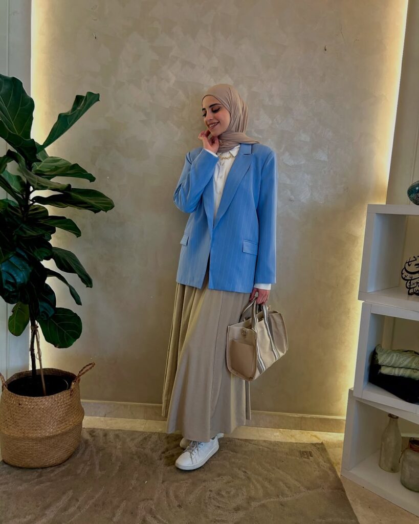 Soft Blue Blazer with Neutral Maxi Skirt