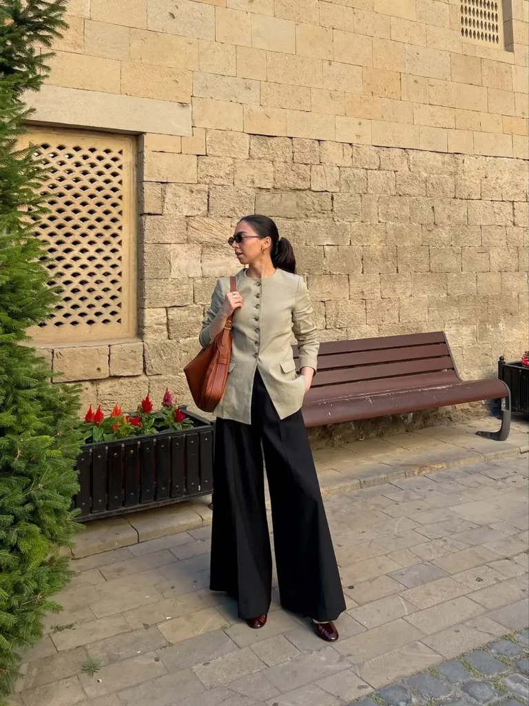 Structured Neutral Blazer with Wide-Leg Trousers