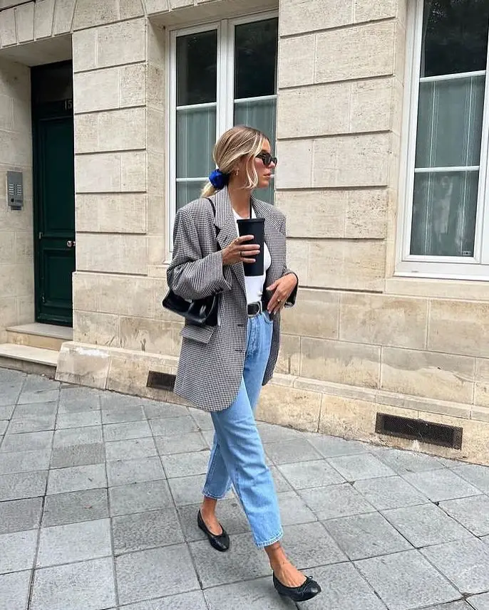 Checkered Blazer with Cropped Jeans and Flats