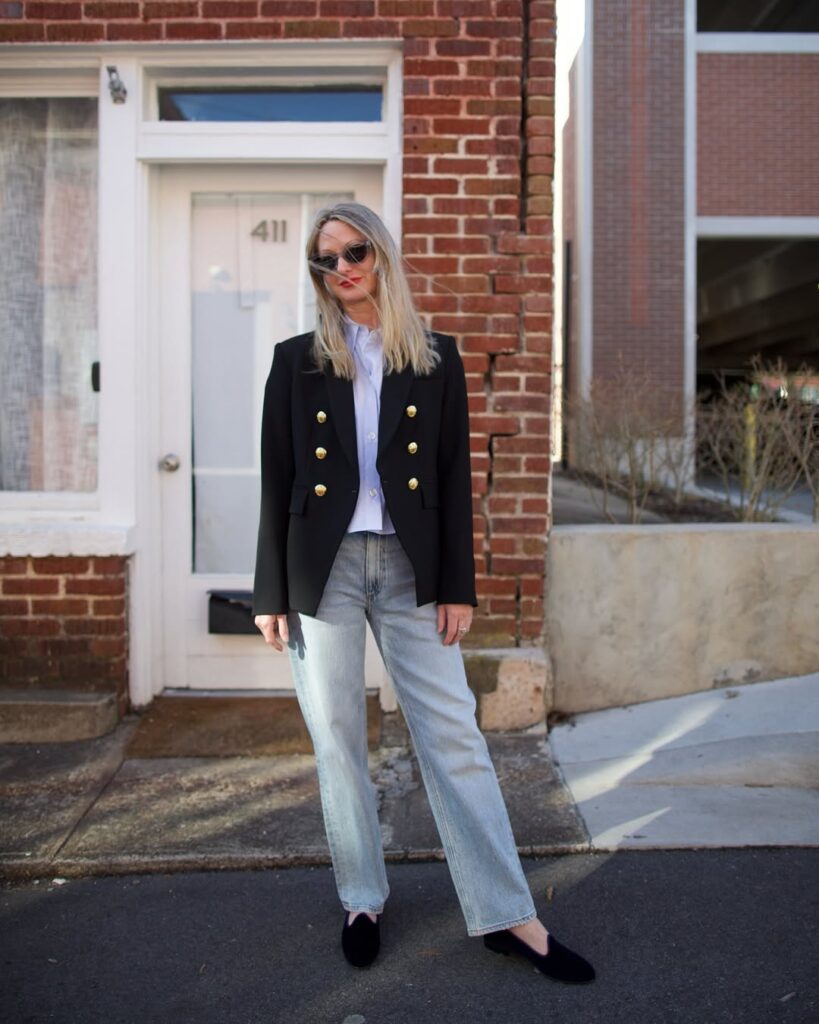 Gold-Button Blazer with Light Jeans