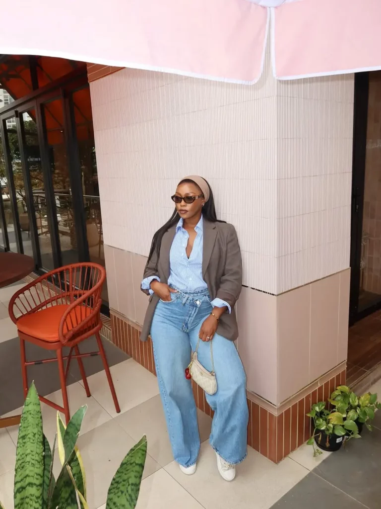 Relaxed Brown Blazer with Blue Shirt and Jeans