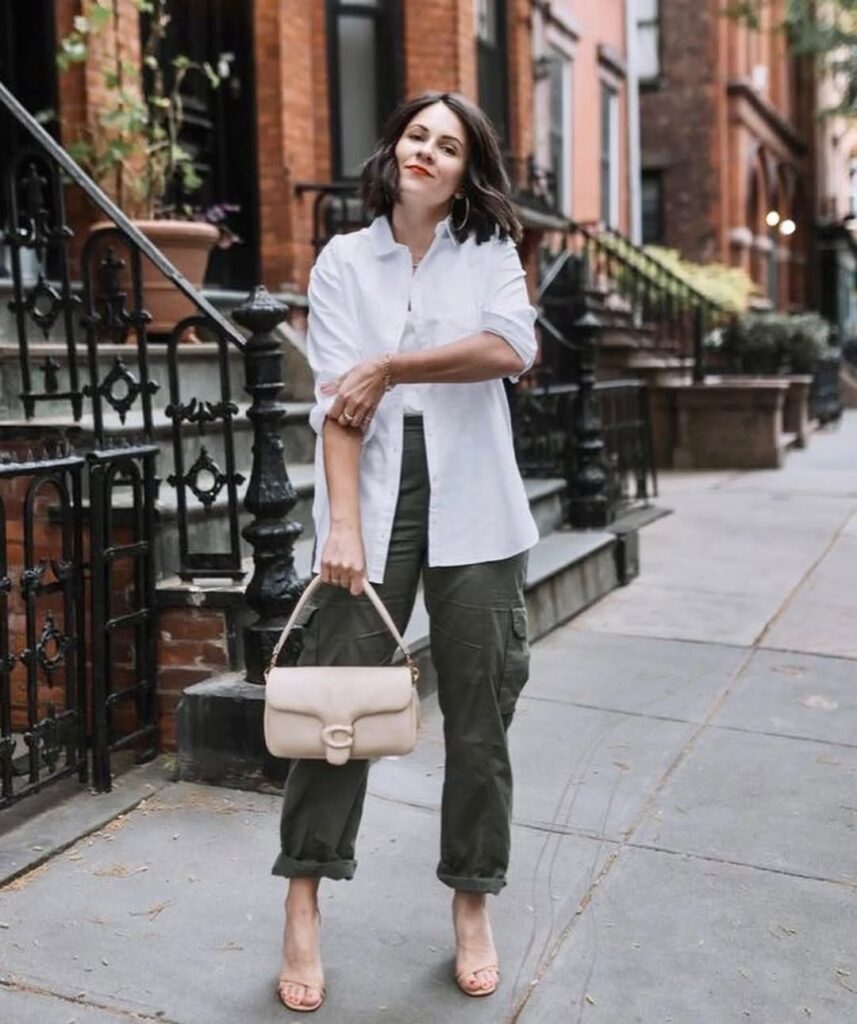 White Shirt & Olive Cargo Pants