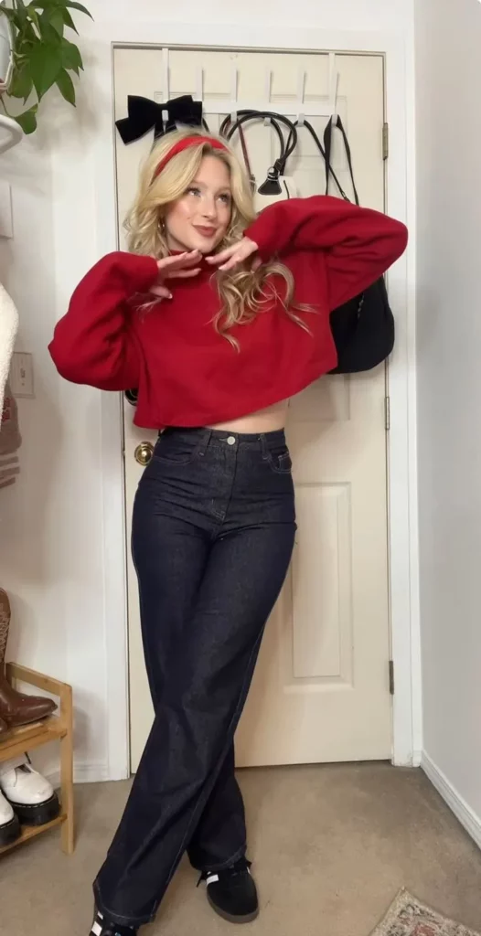 Cropped Red Sweater and Dark Jeans