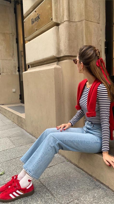 Striped Top and Light Blue Jeans with Red Accents