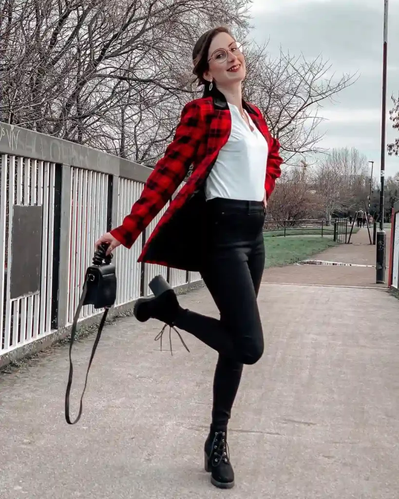 Festive Plaid Blazer with Black Pants