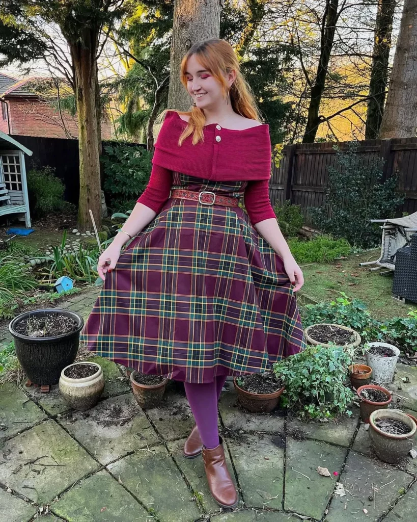 Off-Shoulder Plaid with Warm Vintage Charm