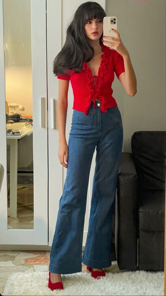 Red Ruffle Top and High Waisted Jeans