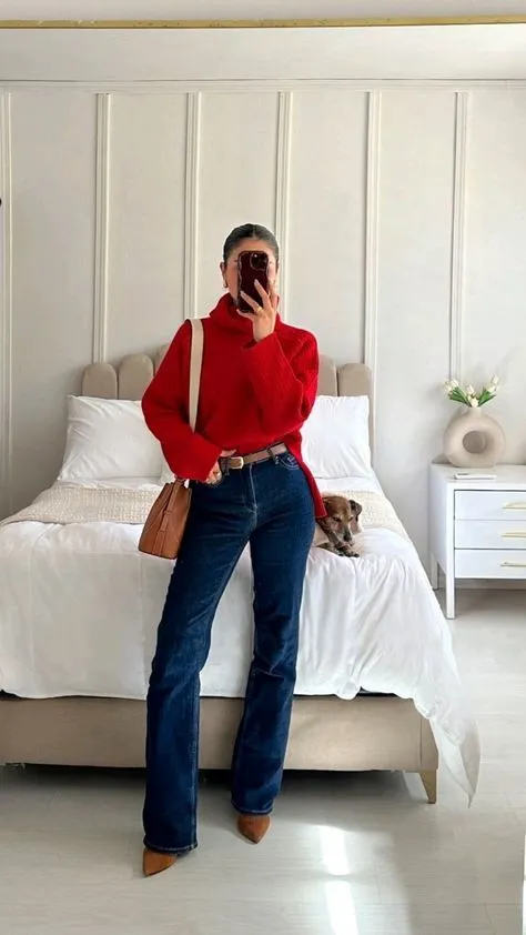 Red Sweater and Dark Blue Jeans