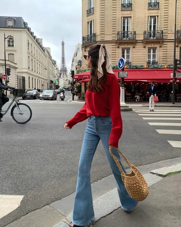 Red Sweater and Flared Jeans