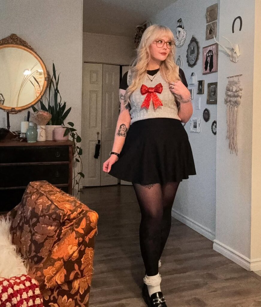 Bow Sweater & Black Skater Skirt