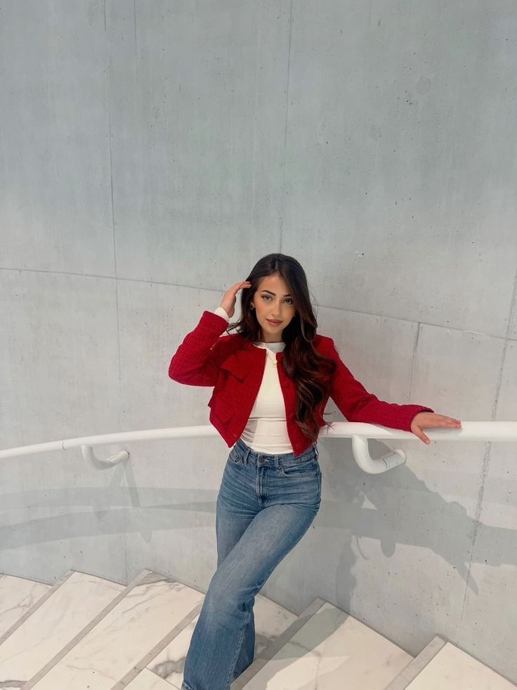 Red Cropped Jacket and Blue Jeans