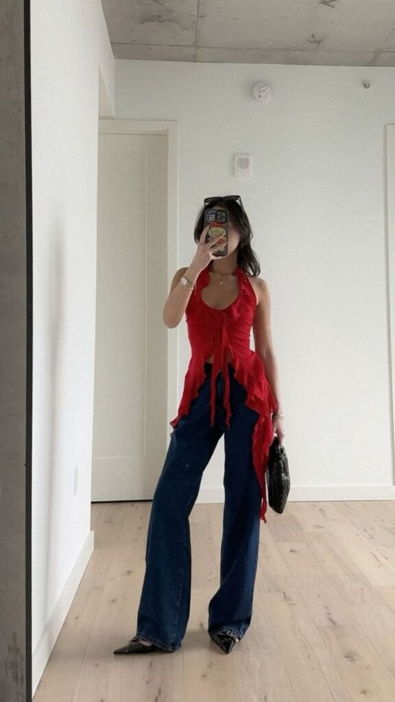 Red Halter Top and Dark Blue Jeans