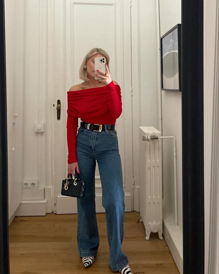 Off Shoulder Red Top and Straight Leg Jeans