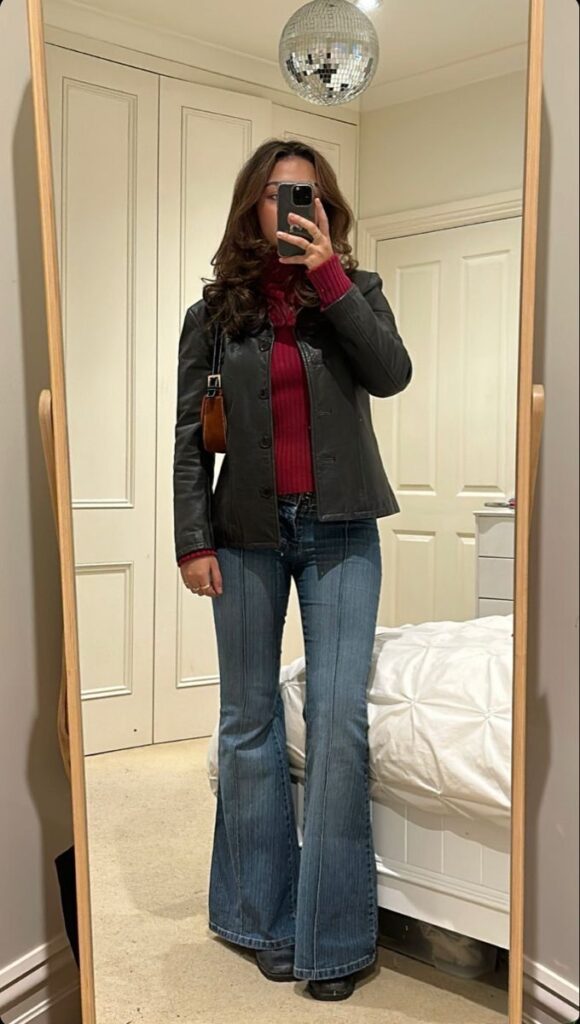 Black Leather Jacket and Flared Jeans
