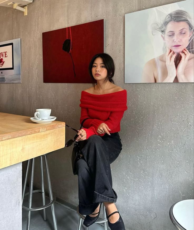 Off Shoulder Red Sweater and Black Jeans