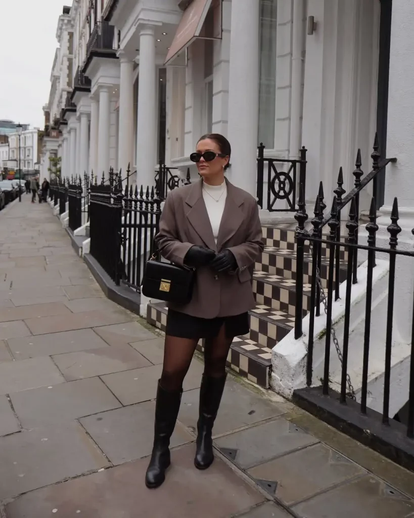 Brown Blazer with Black Mini Skirt