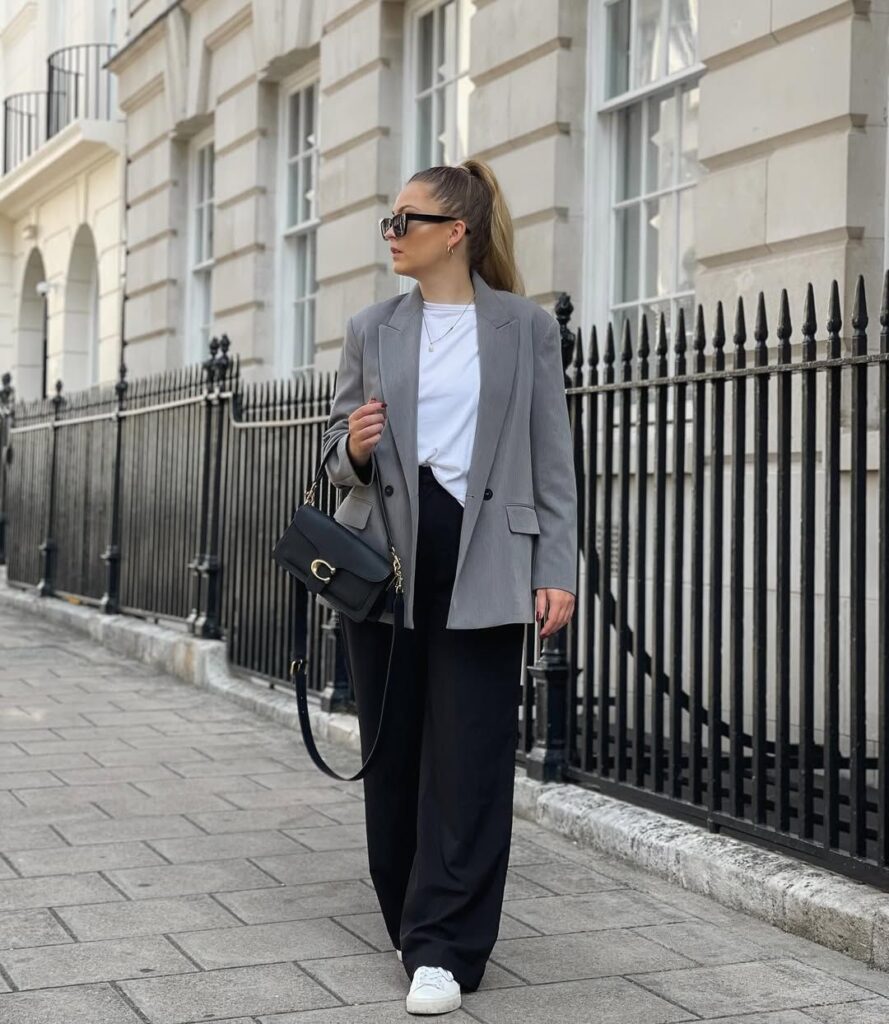 Grey Blazer with White Tee and Black Pants