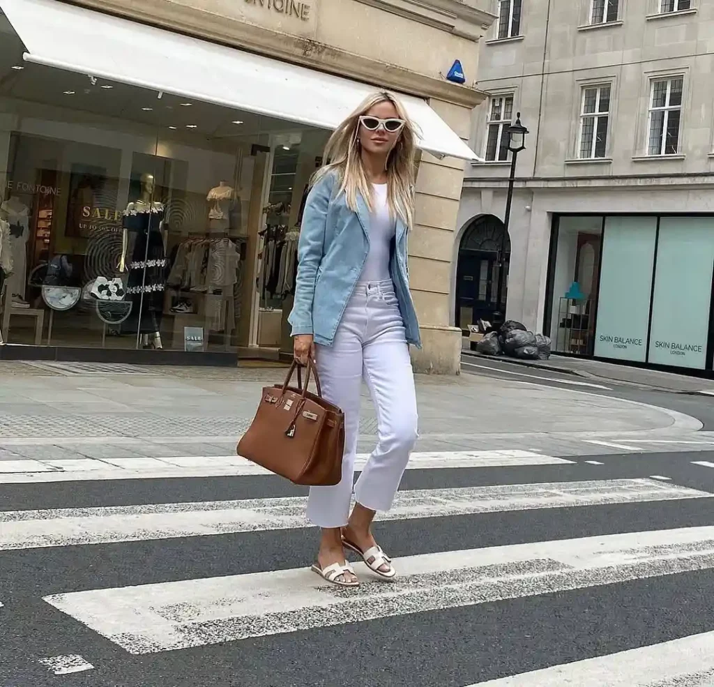 Light Blue Denim Blazer with White Outfit