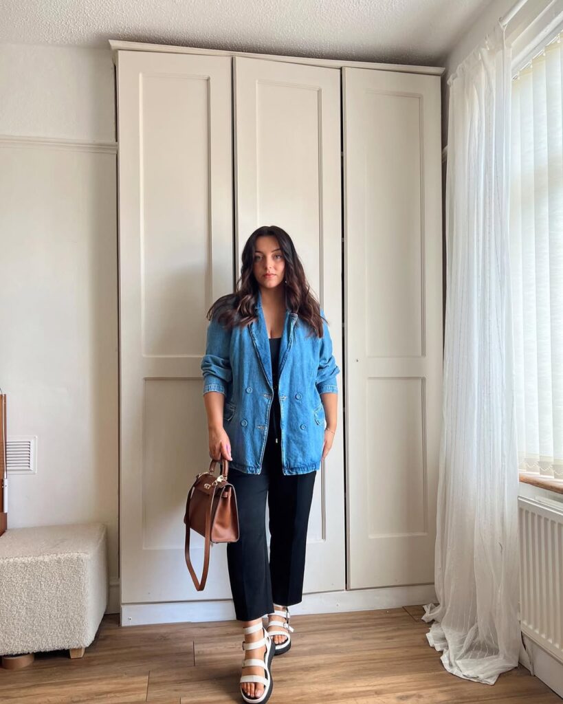 Oversized Denim Blazer with Black Pants