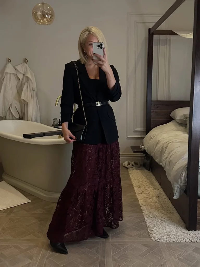 Romantic Dinner Look with Lace and Blazer