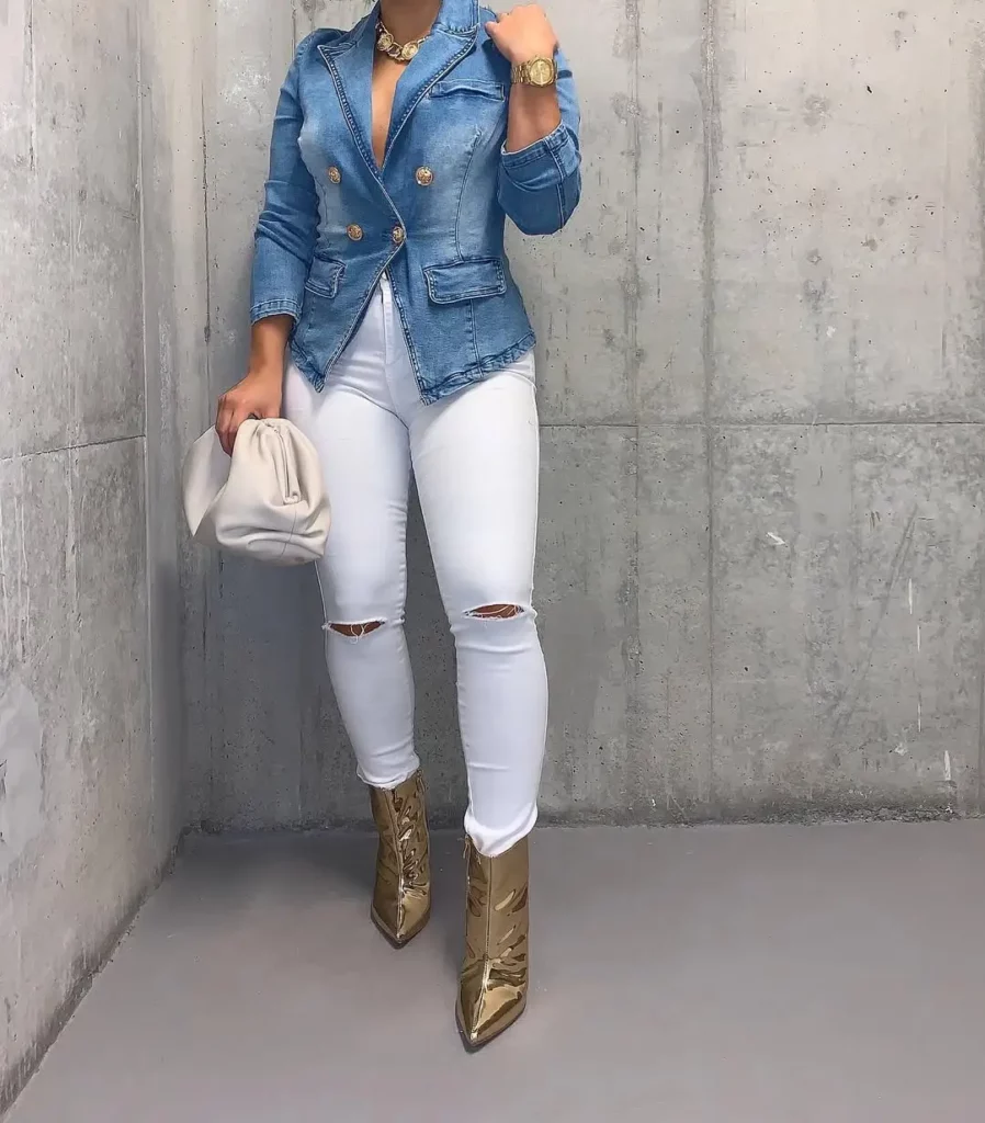 Fitted Denim Blazer with White Jeans