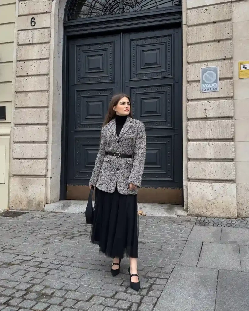 Grey Belted Blazer with Black Maxi Skirt