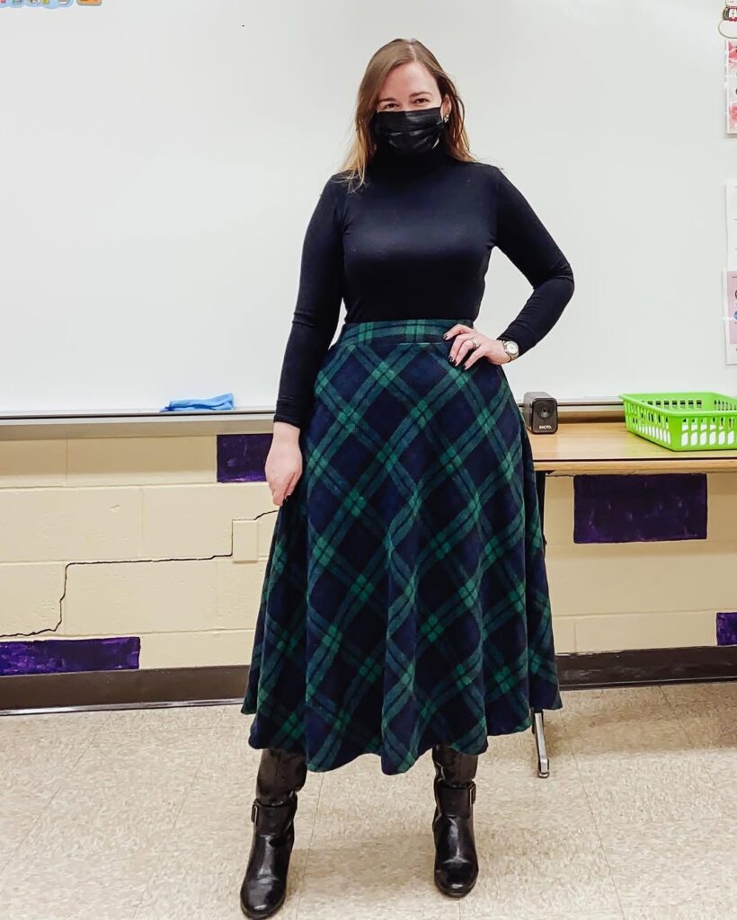 Classic Winter Office Look with a Plaid Midi Skirt