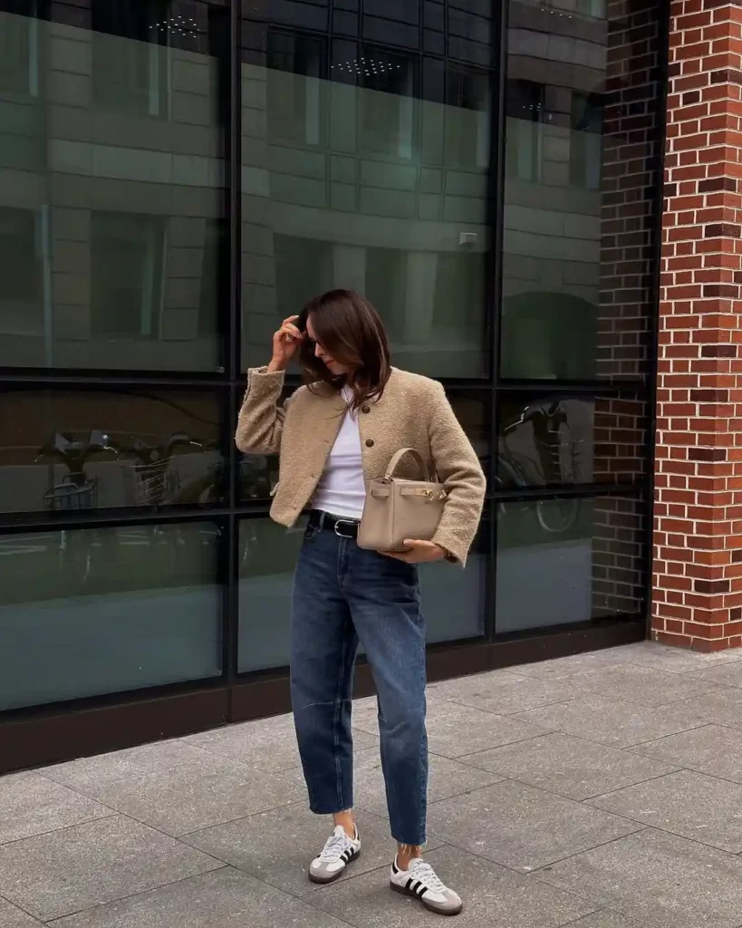 Textured Neutrals with Barrel Jeans for a Smart Office Look