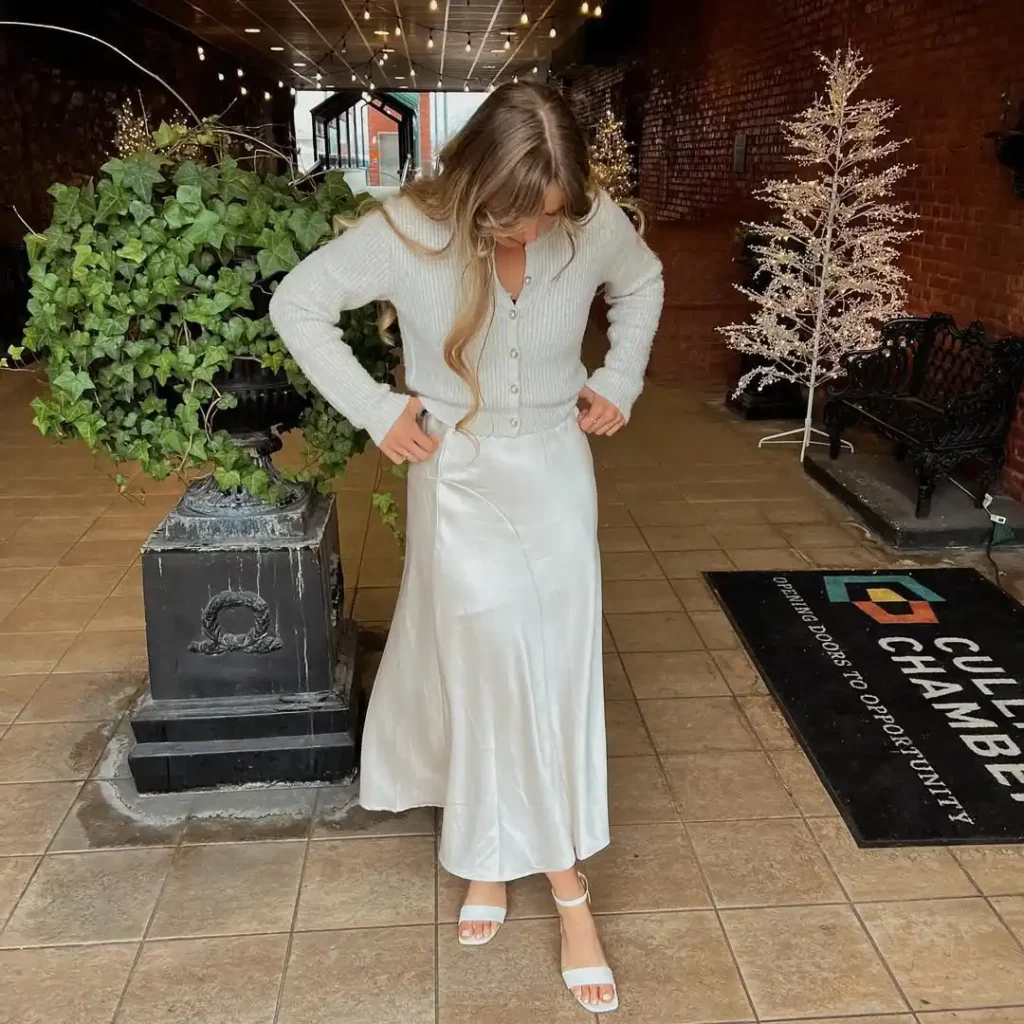 Gentle Old Money Elegance with a Satin Long Skirt